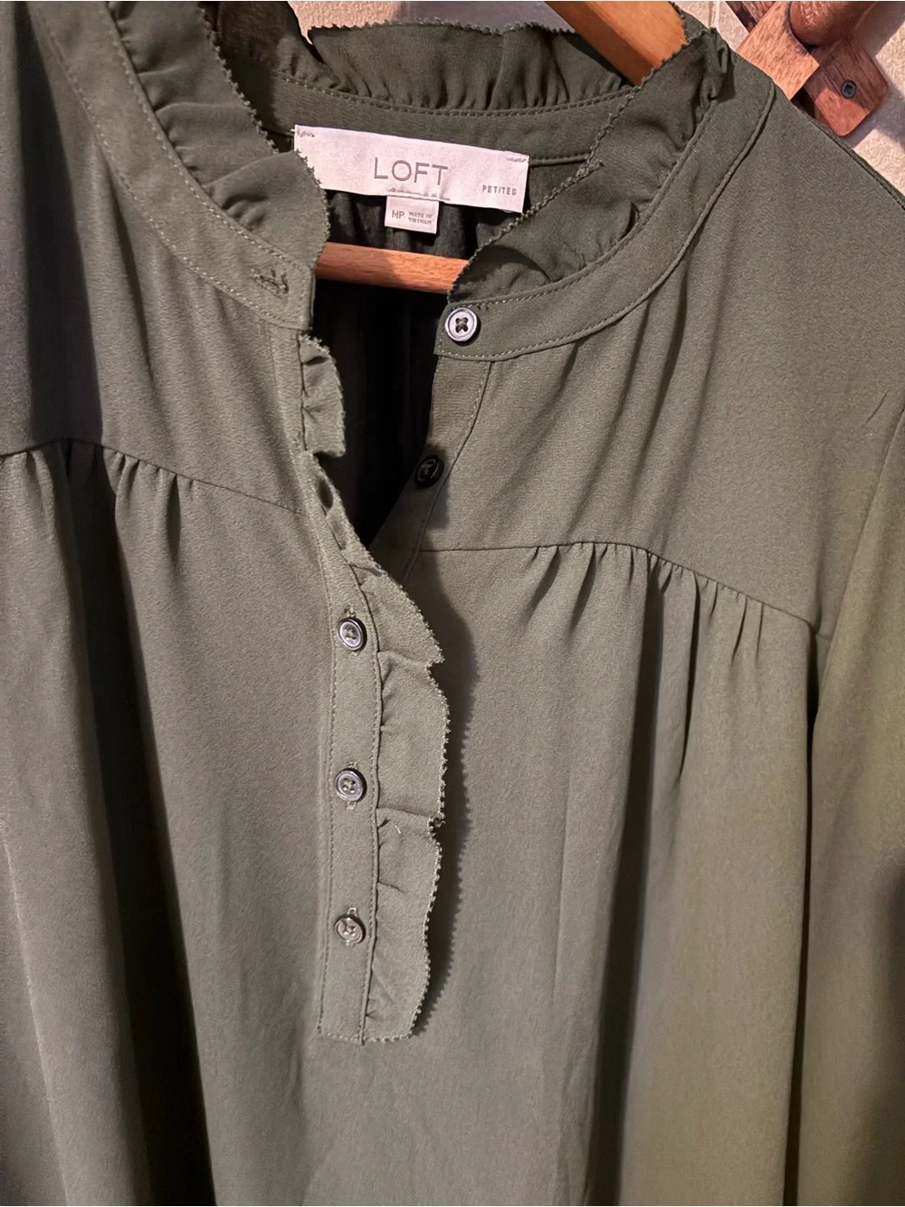 LOFT Dark Olive Ruffle-Trim Henley Blouse